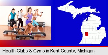 an exercise class at a gym; Kent County highlighted in red on a map