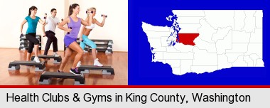 an exercise class at a gym; King County highlighted in red on a map