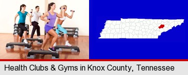an exercise class at a gym; Knox County highlighted in red on a map