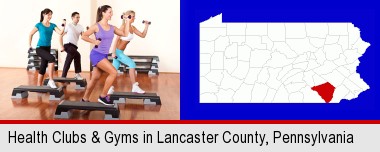 an exercise class at a gym; Lancaster County highlighted in red on a map