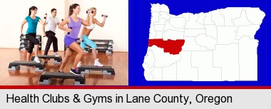 an exercise class at a gym; Lane County highlighted in red on a map