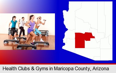 an exercise class at a gym; Maricopa County highlighted in red on a map