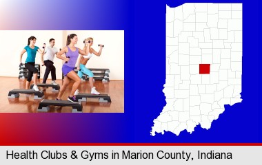 an exercise class at a gym; Marion County highlighted in red on a map