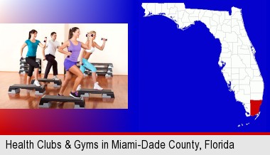 an exercise class at a gym; Miami-Dade County highlighted in red on a map