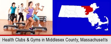 an exercise class at a gym; Middlesex County highlighted in red on a map