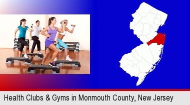 an exercise class at a gym; Monmouth County highlighted in red on a map