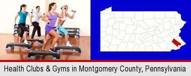 an exercise class at a gym; Montgomery County highlighted in red on a map