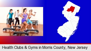 an exercise class at a gym; Morris County highlighted in red on a map