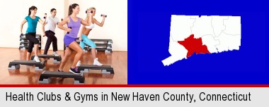 an exercise class at a gym; New Haven County highlighted in red on a map