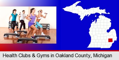 an exercise class at a gym; Oakland County highlighted in red on a map