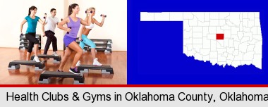 an exercise class at a gym; Oklahoma County highlighted in red on a map