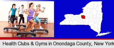 an exercise class at a gym; Onondaga County highlighted in red on a map