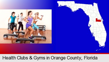 an exercise class at a gym; Orange County highlighted in red on a map