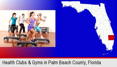 an exercise class at a gym; Palm Beach County highlighted in red on a map