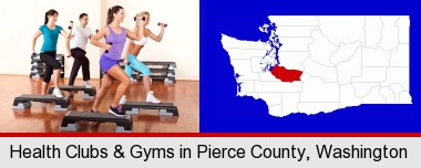 an exercise class at a gym; Pierce County highlighted in red on a map