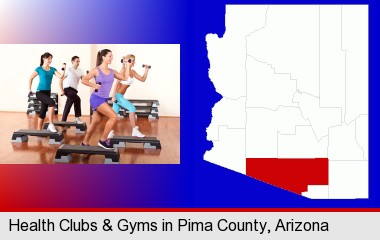 an exercise class at a gym; Pima County highlighted in red on a map