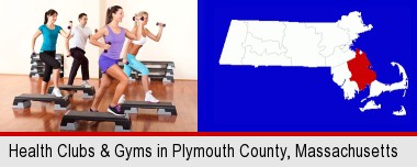 an exercise class at a gym; Plymouth County highlighted in red on a map