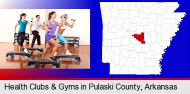 an exercise class at a gym; Pulaski County highlighted in red on a map