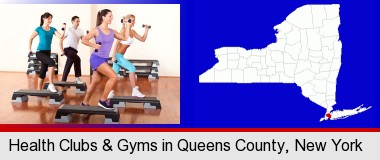 an exercise class at a gym; Queens County highlighted in red on a map