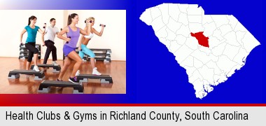 an exercise class at a gym; Richland County highlighted in red on a map