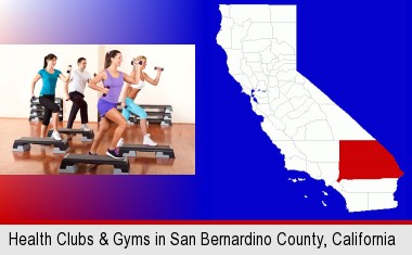 an exercise class at a gym; San Bernardino County highlighted in red on a map
