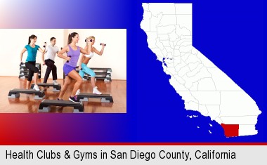 an exercise class at a gym; San Diego County highlighted in red on a map