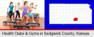 an exercise class at a gym; Sedgwick County highlighted in red on a map