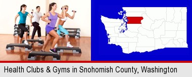 an exercise class at a gym; Snohomish County highlighted in red on a map