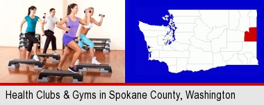 an exercise class at a gym; Spokane County highlighted in red on a map