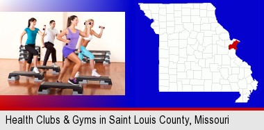 an exercise class at a gym; St Francois County highlighted in red on a map