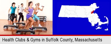 an exercise class at a gym; Suffolk County highlighted in red on a map