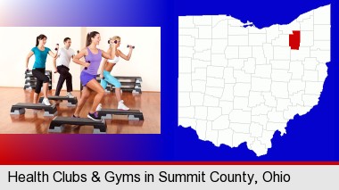 an exercise class at a gym; Summit County highlighted in red on a map