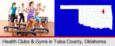 an exercise class at a gym; Tulsa County highlighted in red on a map