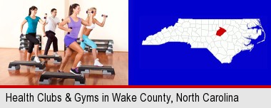 an exercise class at a gym; Wake County highlighted in red on a map