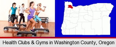 an exercise class at a gym; Washington County highlighted in red on a map