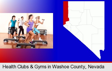 an exercise class at a gym; Washoe County highlighted in red on a map