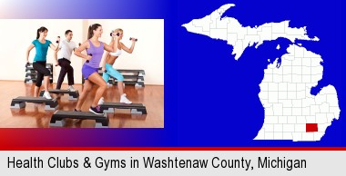 an exercise class at a gym; Washtenaw County highlighted in red on a map