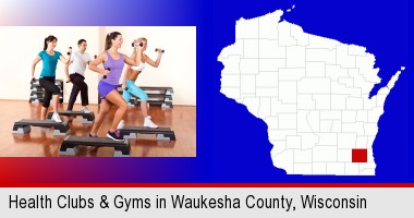 an exercise class at a gym; Waukesha County highlighted in red on a map