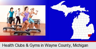 an exercise class at a gym; Wayne County highlighted in red on a map