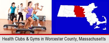 an exercise class at a gym; Worcester County highlighted in red on a map